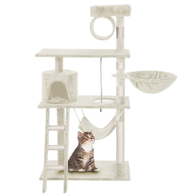 Foto 4 de 7 de BAKAJI 2822586 Árbol rascador para Gatos de sisal y Peluche, caseta suspendida, 142 x 74.5 x 40 cm, Beige