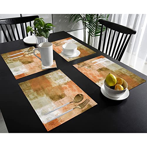 Modern Abstract Art Orange Grey Placemats Set Of 6, Wipeable Non Slip Heat Resistant Linen Cloth Place Mats, Fall Colorful Washable Holiday Party Dining Table Mat For Farmhouse Home Kitchen Decor #TOP1