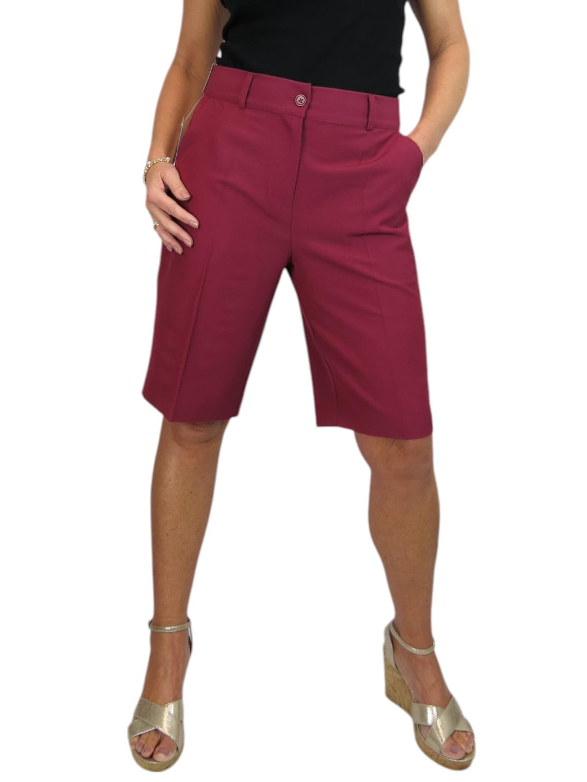 Icecoolfashion Women's Burgundy Smart Knee Length Tailored Shorts Pleated Shorts 8-22 (16)