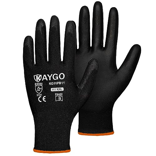 Image of KAYGO Safety Work Gloves for Men Women, PU Coated Palm & Fingers, KG11P | Smooth Grip, Breathable & Lightweight, 13-Gauge Seamless Knit, for Light Warehouse, Manufacturing, Gardening
