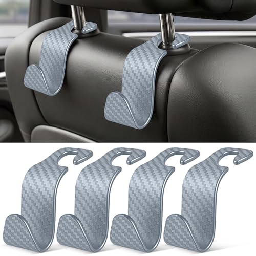 Image of SINGARO Universal 4 Pack Car Seat Headrest Purse Hook, Carbon Fiber Back Seat Hook Storage Organizer Hanger for Purse Handbag Coat, Car Interior Accessories(Gray)