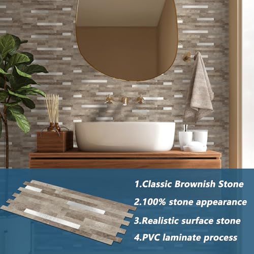 Yipscazo 20 Sheets PVC Wall Tiles Stick on Tiles for Backsplash Kitchen, Bathroom, Laundry Room, Camper, Fireplace (6'' X 12'', Brownish Stone) by Yipscazo - Used condition - Image 4