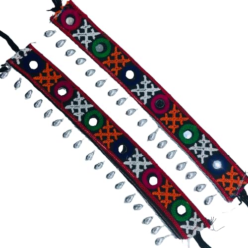 Garba Navratri Jewellery Sets for Women Embroidered Fabric with Mirror Silver Oxidised Afghani Bohemian Anklets/Payal for Women and Girls