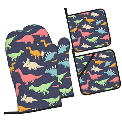 Monster Dinosaur Printed Oven Mitts Pot Holders Set Of 4 Waterproof Heat Resistant Potholders Bbq Gloves For Kitchen Baking Cooking #TOP1