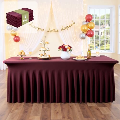 Image of Outpain 8ft Spandex Table Cloth for Standard Folding Tables-4Pack Burgundy Table Cloth Table Protector for Party, Wedding, Cocktail, Banquet, Festival