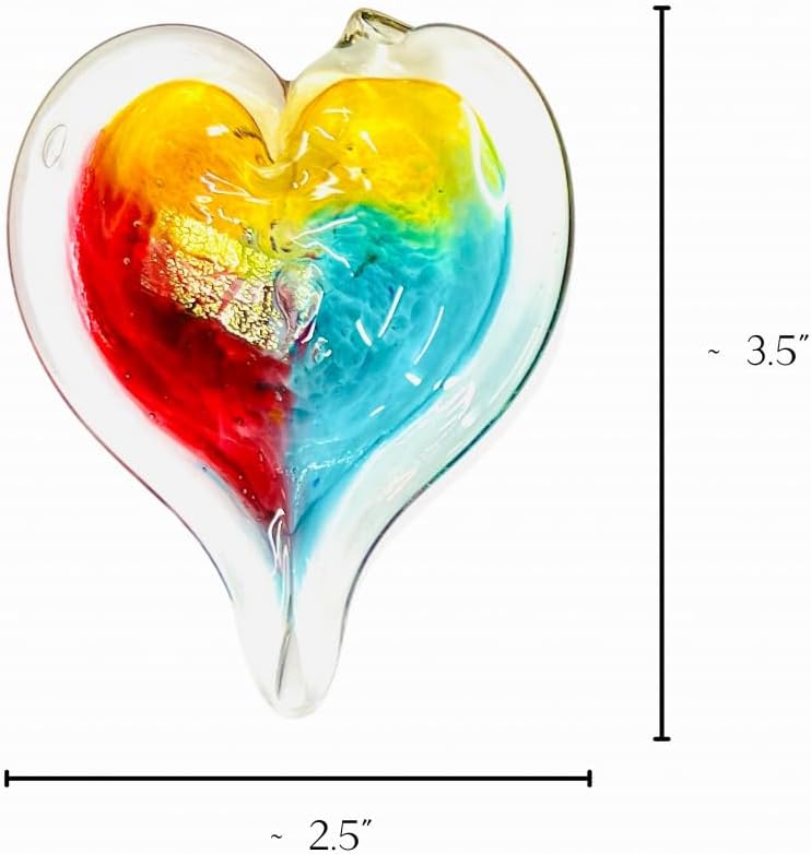 Luke Adams Handmade Glass Hanging Hearts – Red Heart Ornament for Window or Gift – Hand Blown Hearts Decor – Colorful Blown Glass-Fiji (Pink Amber Teal)