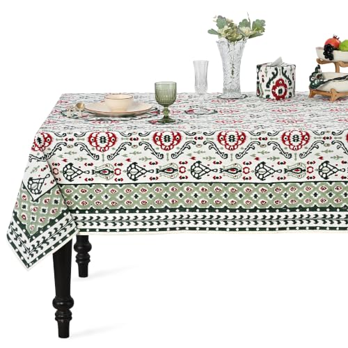 Ridhi Evergreen Ikat and Red Block Print Rectangle Tablecloth 52x70 Inch