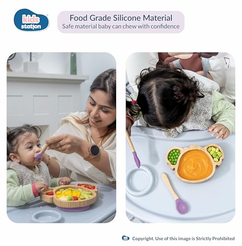 Image of Kids Station Koala Design 5-Piece Silicone Feeding Set for Babies | BPA-Free, Includes Suction Plate, Bowl, Spoon, Fork & Bib | Ideal for Infants & Toddlers (Set of 5 Koala Feeding Set, Purple)