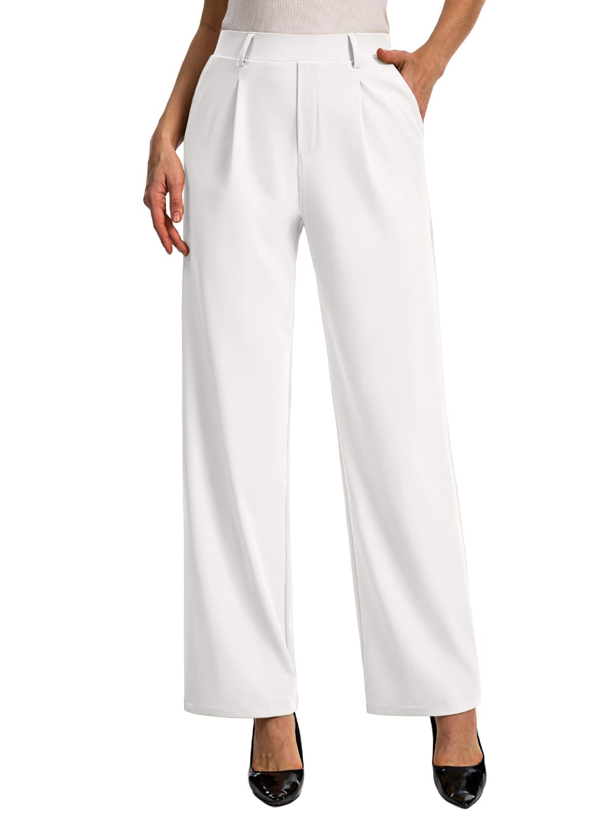 Feiersi Womens Dress Pants Wide Leg Stretchy Work Pants High Waisted Pull On Casual Trousers with Pockets