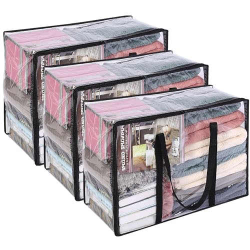 Vieshful 3 Pack Clear Storage Bags 40L Clothes Storage Bags with Zips Underbed Storage for Clothes Duvet, Blankets