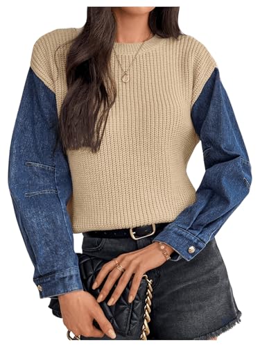 MakeMeChic Women's Denim Patchwork Long Sleeve Sweater Crew Neck Color Block Y2K Knitted Pullovers Top