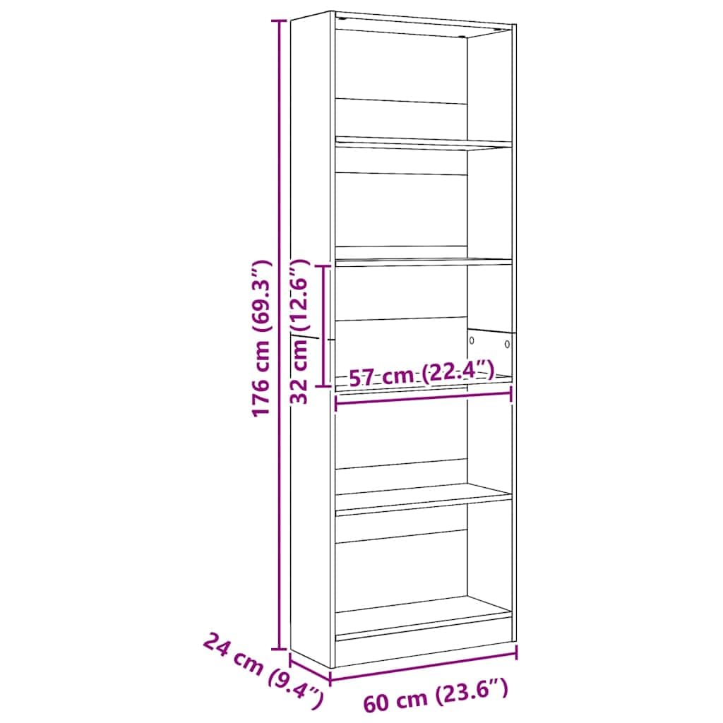 Libreria Artisian Oak 60 x 24 x 176 cm, in legno, elegante spazio per soggiorno, camera da letto, ufficio, corridoio, robusta, scaffale da parete con scomparti aperti