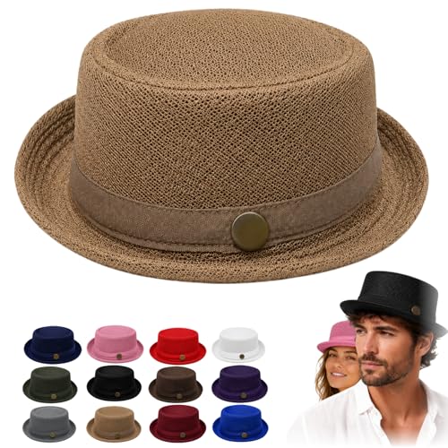 Generisch Summer Breathable Mesh Pork Pie Hat Lightweight Polyester Mesh Material Vintage Gentleman Hat for Men Women (Khaki)