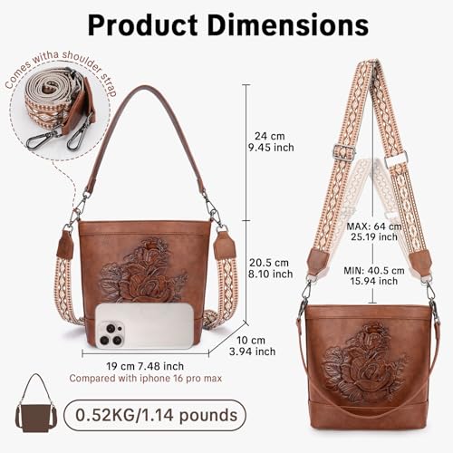 Image of Crossbody Purses for Women, Trendy Embossed Vegan Leather Bucket Bag, Travel Shoulder Handbag with 2 Detachable Straps
