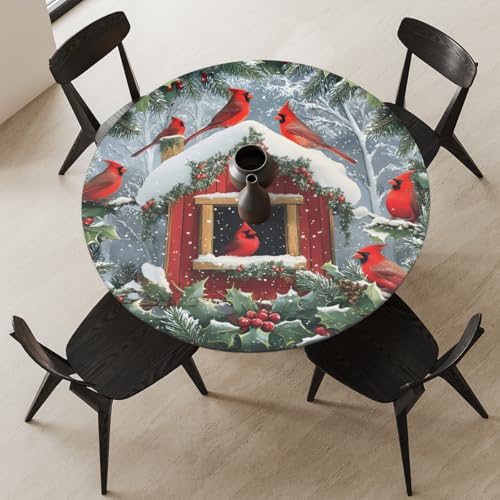 Round Fitted Tablecloth with Elastic, Christmas Winter Cardinal Holly Round Tablecloths Wipeable Waterproof Table Cover Indoor Outdoor Circle Cover for Dining Kitchen Patio Camping Picnic, 40"-44" by oooJHooo - Used condition - Image 9