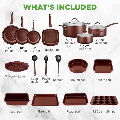Image of NutriChef 20 Piece Professional Home Kitchen Cookware and Bakeware, Pots and Pans Set Non Stick Kitchenware, Cool-Touch Handles, Safe for Gas, Electric, Induction Cooktops, Easy Clean, Brown