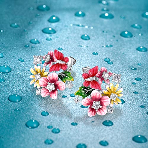 Santuzza 925 Sterling Silver Daisy Earrings Cubic Zirconia Enamel Flower & Pink Butterfly Dangle Earrings #TOP2