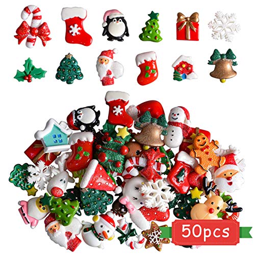 Kalolary Weihnachten Miniatur Ornamente, 50 Stück Harz Figuren Mini Weihnachtendeko, Santa Schneemann Baum Glocke Harz Dekoration für Craft Making, DIY Scrapbook Zubehör Weihnachtsschmuck zum Bastel