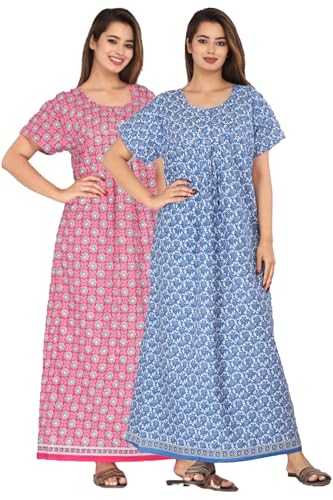 Image of Kuruti B Sheets Cotton Nighty for Women Jaipuri Print 2 Button Round Neck Short Sleeve Night Gown | Maxi Dress