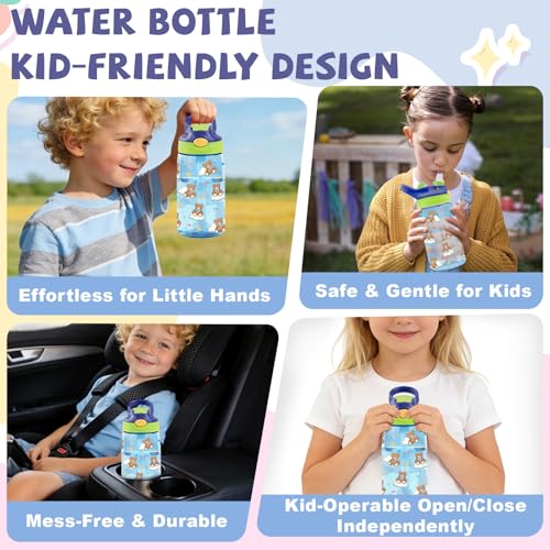 Image of 14oz Bear Kids Water Bottle with Straw - Bears Clouds Water Bottle For School, Leakproof, Lightweight, Durable Plastic Bottles for Kids Travel, Pop-Up Straw Cover, Gift Cup for Girls (Bear)