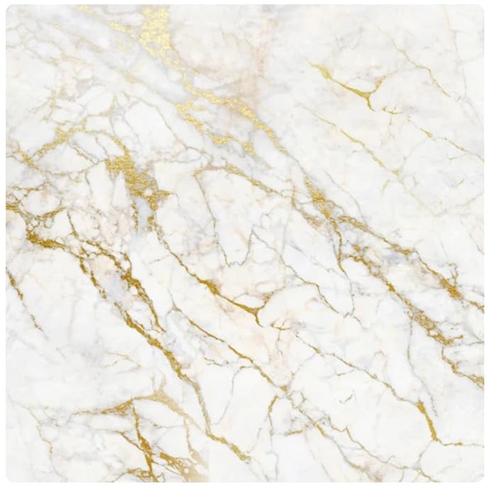 Papier peint panoramique pour agrandir le salon, trompe l'œil marbre blanc et lignes d'or
