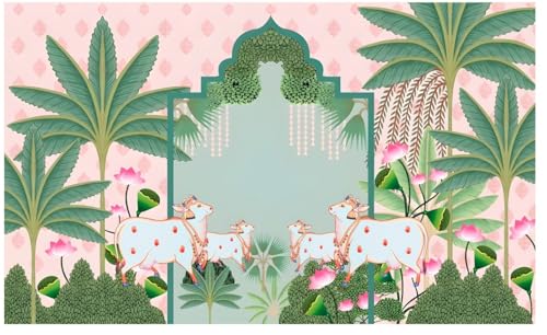 Image of zeonely mart varalakshmi Backdrop | pichwai Backdrop Cloth for Decoration | Lakshmi Pooja Backdrop Cloth | Traditional Backdrop Decoration Cloth Light Pink 4 Cows (5X8 FT)