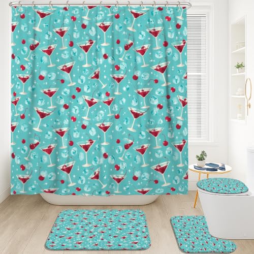 Rideau de douche imperméable cerises rétro avec tapis de bain 183x183 cm - 3