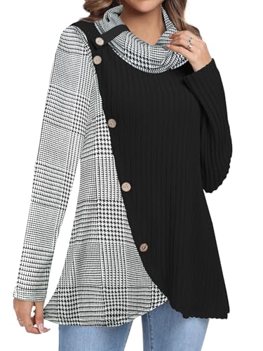 Image of Cestyle Cowl Neck Tunic Sweaters for Women Long Sleeve Casual Pullover | Long Coverage,Leggings Friendly,Curved Asymmetrical Hem,Soft Stretch Fabric,Relaxed Fit,Christmas Shirts Black Small