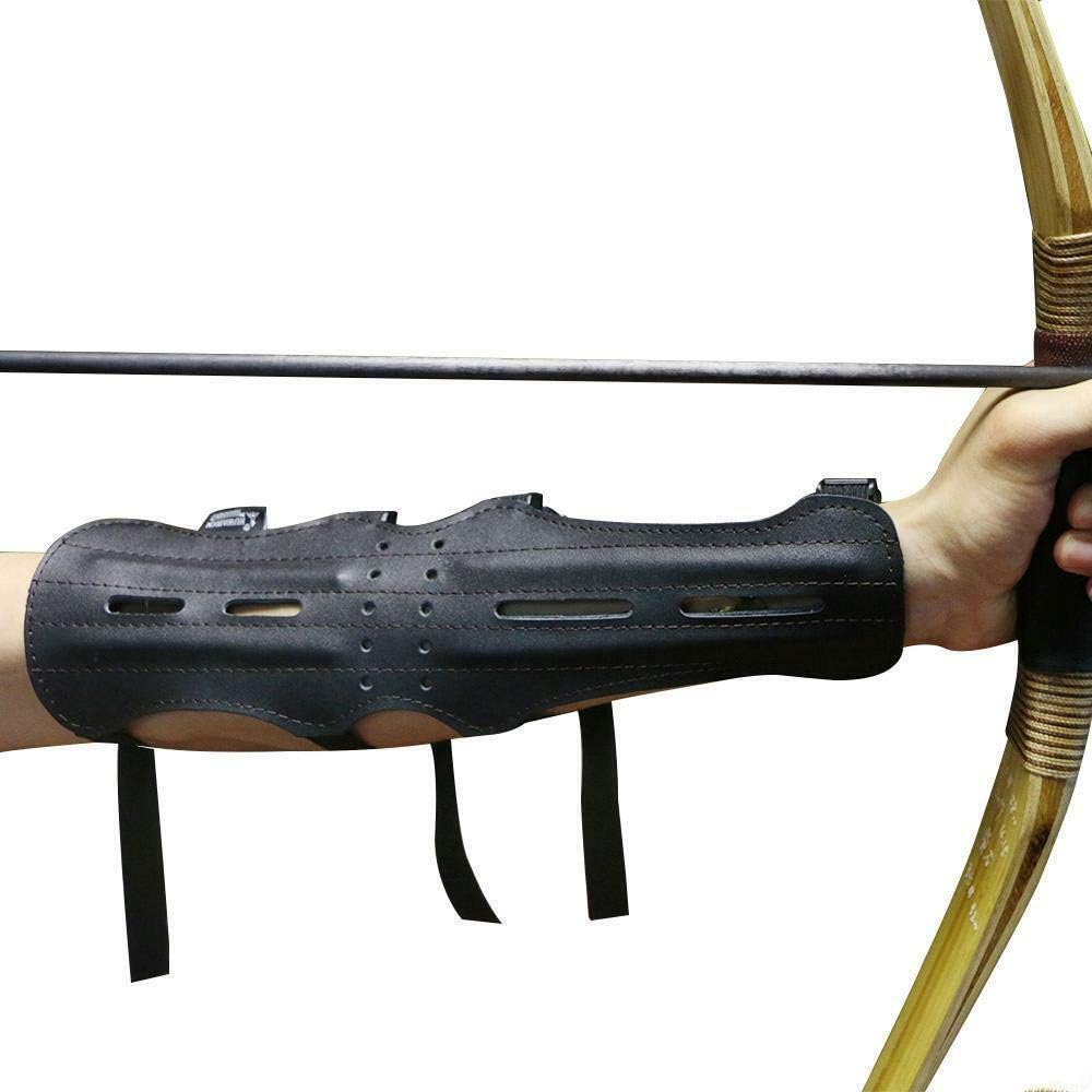 e5e10 Archery Leather Arm Guard Long 4 Straps Forearm Protective Gear Hunting Arrow Bow : Sports & Outdoors