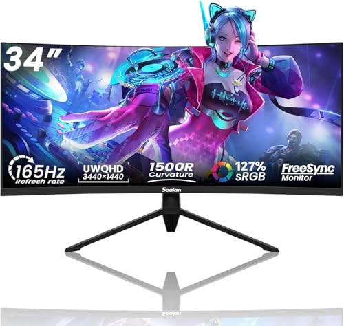 Image of Sealan 34 Inch Curved Gaming Monitor 165Hz,3440x1440 21:9 UWQHD, 1ms(MPRT),1500R, PIP /PBP, HDR, 127% sRGB,300nits, FreeSync, HDMI2.0(TMDS) x2,DP1.4 x2, Eye Care, VESA(100 * 100mm)
