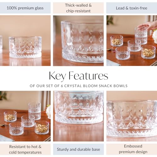 Image of Nestasia Glass Dessert Bowls Set of 6 (220ml Each) - Diamond Embossed Transparent Katori for Ice Cream | Microwave Safe Snack Bowls with Gift Box - Perfect for Gifting