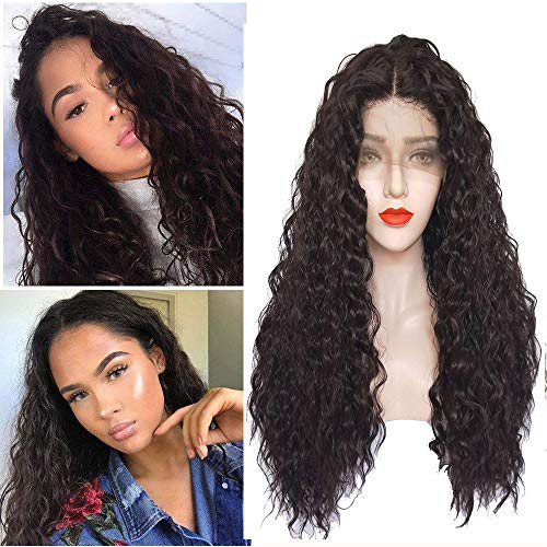 SHANDIREN Outdoor 250% Density Synthetic Lace Front Wigs Color Dark Brown 26 Inches Loose Curly Heat Resistant Fiber Wigs With Baby Hairs For Women