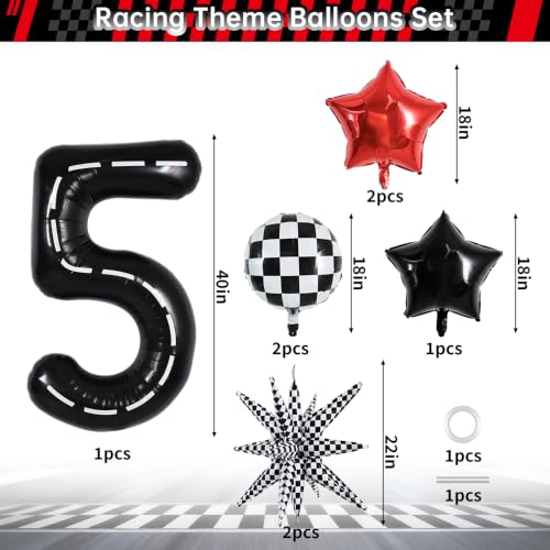 Image of TONIFUL Race Car Party Balloons Set - 40 Inch Racetrack Number 5 Foil Balloon with Checkered & Star Balloons for Boys 5th Birthday Car Themed Decorations, Baby Shower Photo Backdrop Supplies