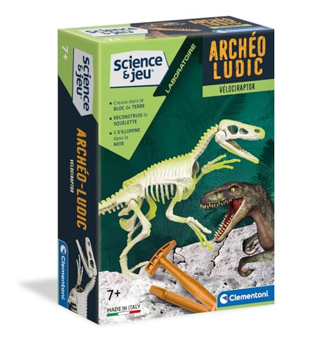 Clementoni | Archéo Ludic – Vélociraptor 7 Ans+ | Jouet Éducatif Dinosaure avec Kit de Fouille Scientifique | Squelette Lumineux à Reconstituer | Cadeau...