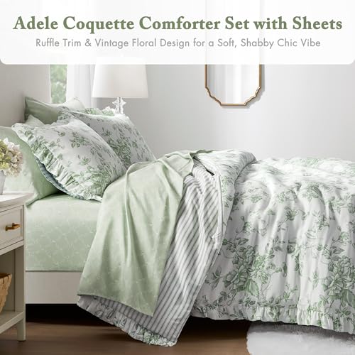Image of Madison Park Essentials Adele Green Floral King Size Comforter Set - Vintage Bed in a Bag with Sheets, Reversible Ruffle Bedding, Elegant Gift for Her