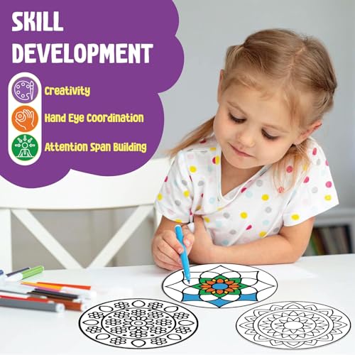 Image of SparkLPlay DIY Mandala Art Kit for Kids. Coloring Set with - 6 Magnetic Cutouts,12 Color Pens & Booklet. Creative Art & Craft. Mess Free. Gifts for Kids.