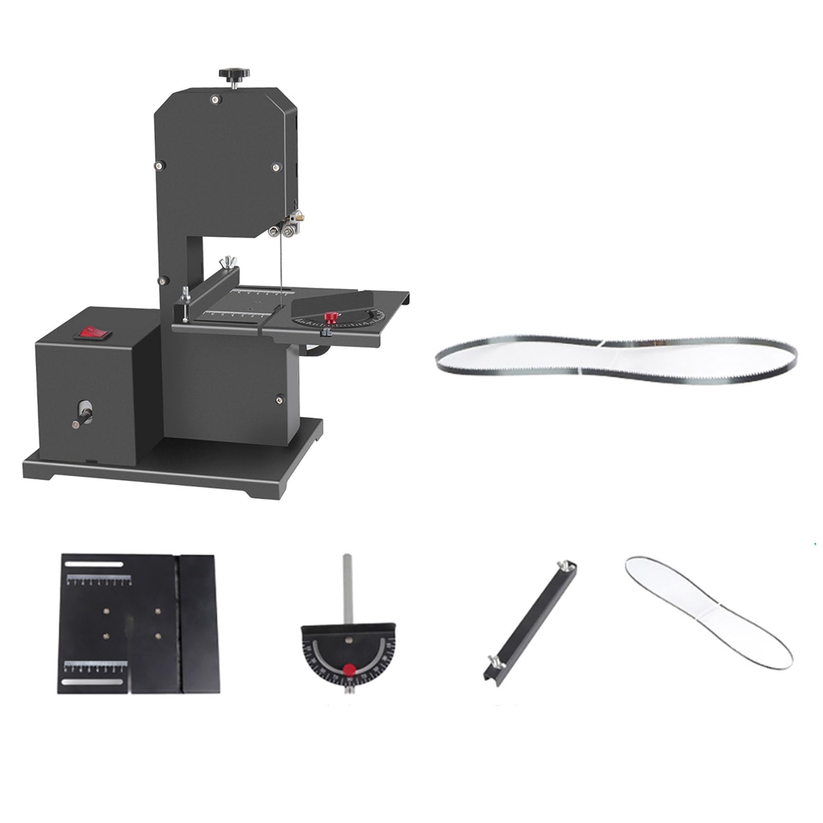 Fafeicy Mini Sierra de Cinta de 800 W, Sierra de Cinta de Mesa Multifuncional con Mesa Ajustable de 0 a 45 Grados, Corte Recto y Curvo para Carpintería (Metal)