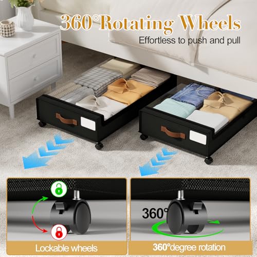 Yecaye-60L-Under-Bed-Storage-with-Wheels-4-Pack-Black-360-Rolling-Wheels-Clear-Lids-Label-Reinforced-Handle-Rolling-Metal-Drawers-for-Clothes-Blankets-Shoes-in-Bedroom