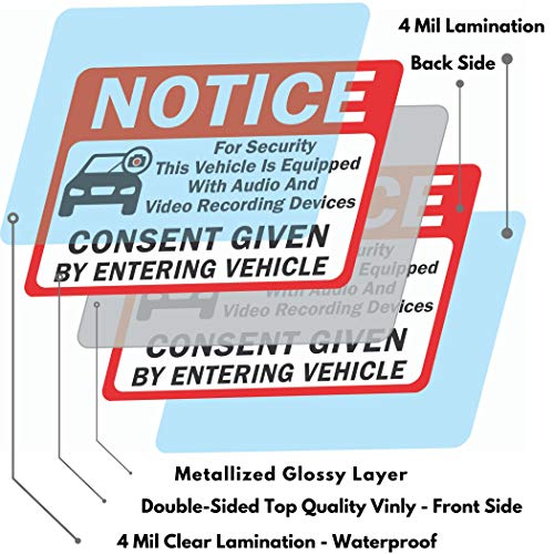Image of 6-Pack Double Sided 3.5 inchx2.5 inch- Notice Vehicle is Equipped With Audio And Video Recording Devices Consent By Entering Car Sticker-Double Sided Vinyl Decal, UV Protected, Waterproof, Indoor&Outdoor Use