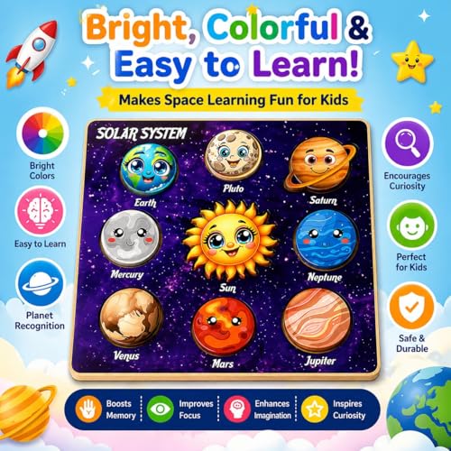 Image of Solar System Wooden Puzzle for Kids 3-6, Space Toys, Planets Preschool Learning Activities, Gift for Boys and Girls, 9 Pieces
