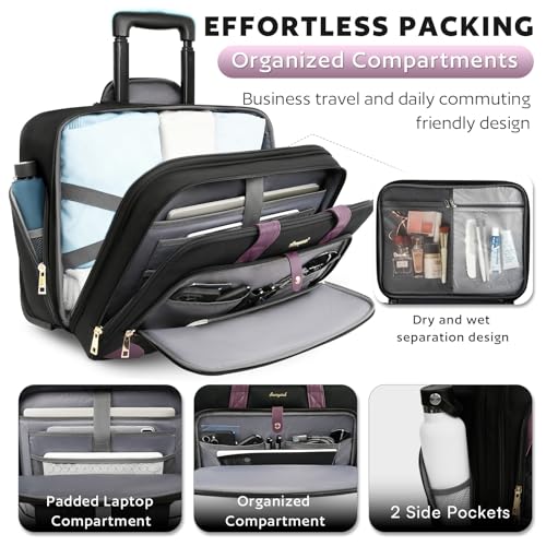 Image of Arcoyard Rolling Laptop Bag, Large Rolling Briefcase for Women with Waterproof Pocket, 17.3 Inch Computer Bag Laptop Case with Wheels, Roller Work Bag for Office Travel Business Teacher, Black Purple