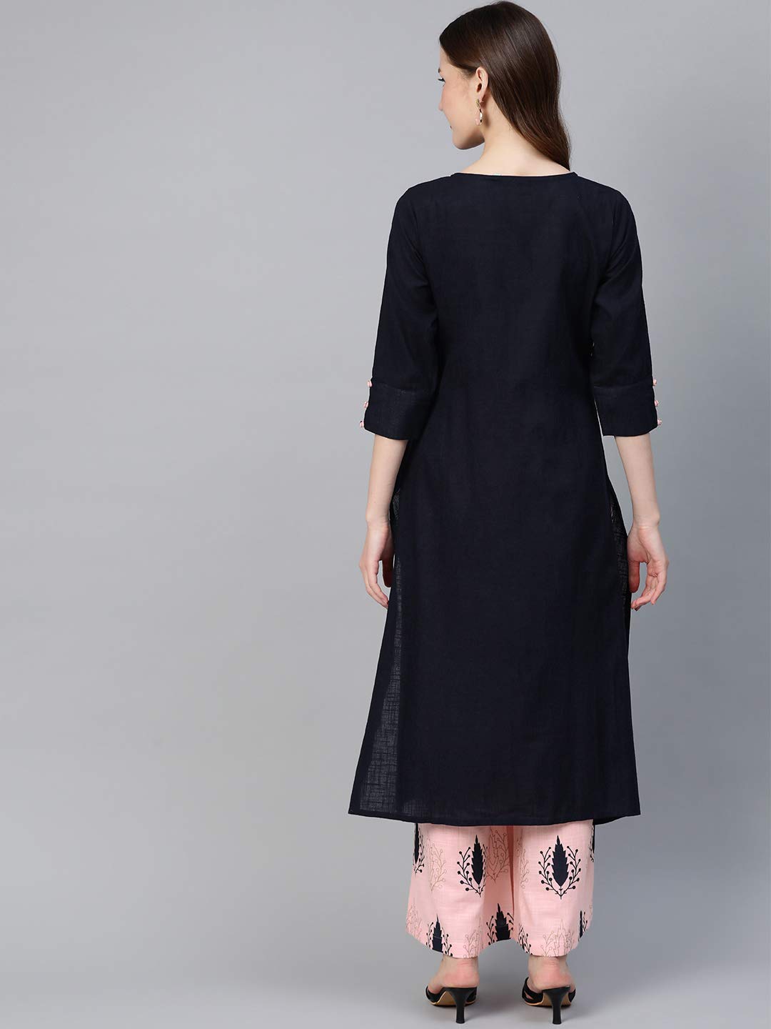 Idalia Light Pink And Navy Blue Cotton Kurta Set For Women A-Line Kurta With Palazzo Set Ideal For Wedding & Festive Occasions