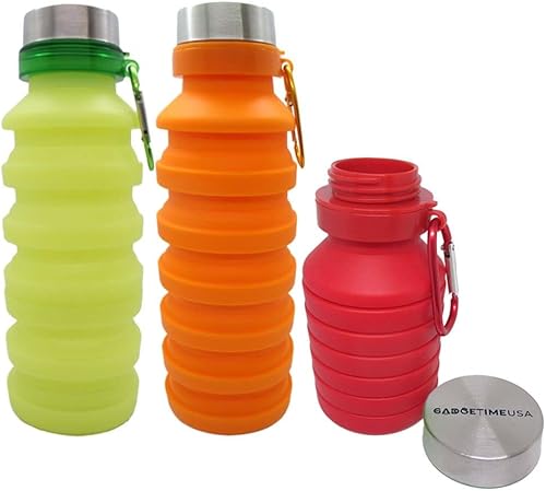 Gadgetime USA Botella de agua plegable, reutilizable, sin BPA, silicona, plegable, portátil y a prueba de fugas, botellas de agua deportivas para