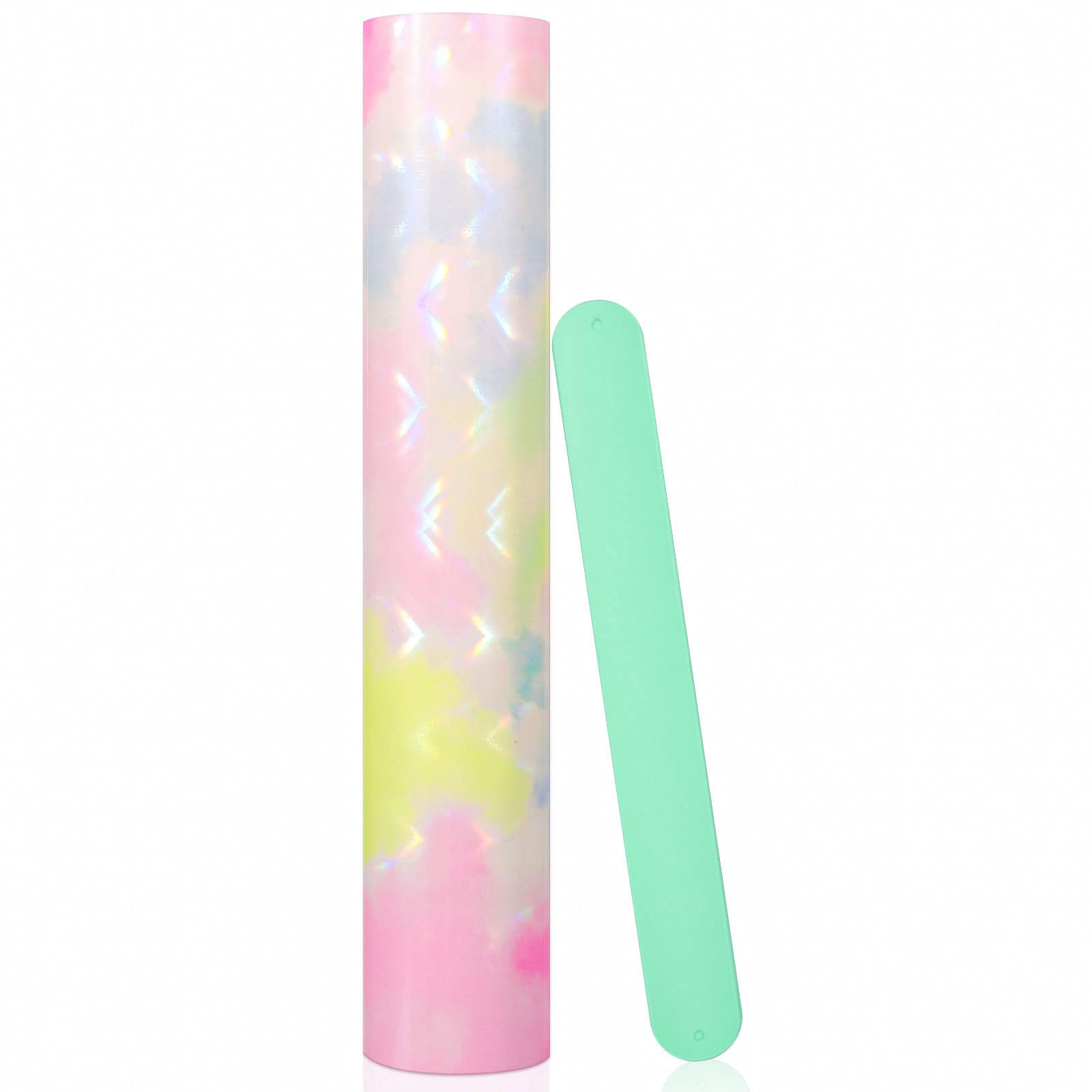 VINYL FROGTie-Dye Adhesive Vinyl 12"x8ft Rainbow Craft Vinyl Roll for DIY Cups, Stickers Watercolor Clouds Patterned Vinyl(with a Silicone Slap Bracelets)