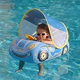 Flotador para niños, flotador de bebé, soporte para pies, forma de coche, lindo, días de verano, juegos acuáticos, mar, piscina, al aire libre, flotador, protección UV, protección solar, techo