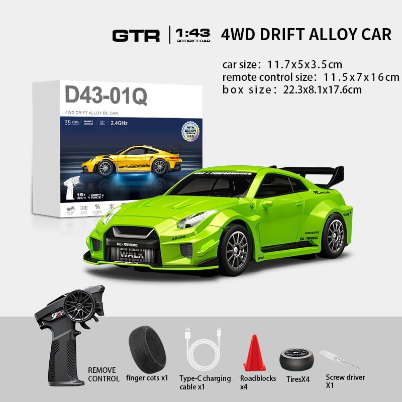 1:43 Scale Mini Drift Car - 2.4GHz Full Proportional 4WD Alloy RC Drift Racsing Car with Gyro, Silent Bearings, Adjustable Speed & Dynamic LED Lighting