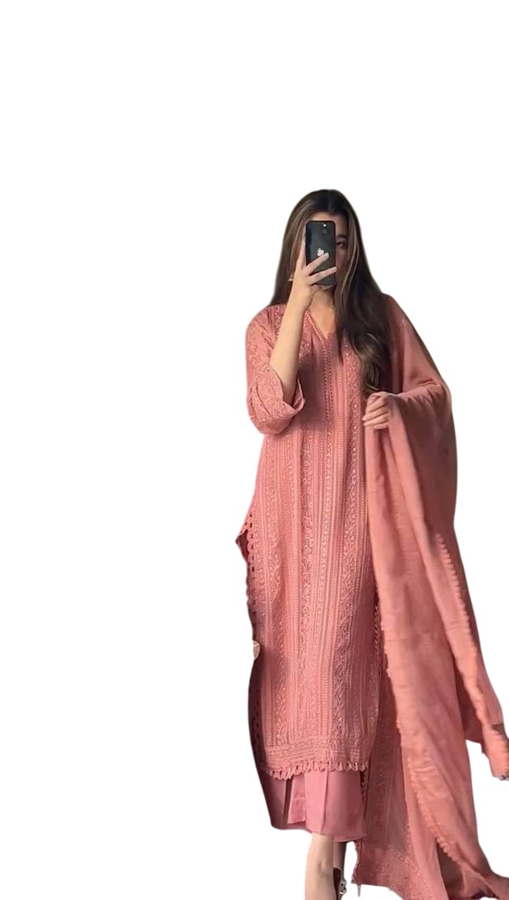 NexRise Store Chinon Silk with Cotton Thread Embroidery Straight Kurti With Pant and Dupatta set (Gajri-XL)-image-28