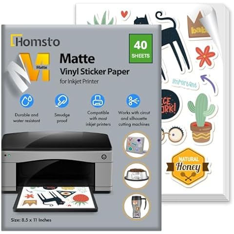 Vinyl Sticker Paper, Matte Printable Sticker Paper for Inkjet Printer, Quick Drying, Water Resistant, Scratch Resistant, Sticks to Most Surfaces, 8.5 x 11 Inches, 40 Sheets Cover