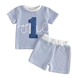 Geagodelia Baby Jungen 1. Geburtstag Sommer Outfit Gestreift Kurz Babykleidung Set T-Shirt Top + Shorts Erster Geburtstag Kleidung Neugeborene Weiche Babyset 1 Jahr Deko (Blau, 12-18 Monate)