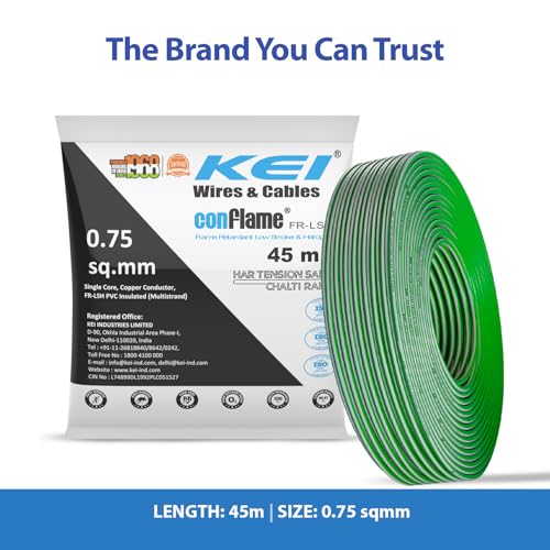 Image of KEI CONFLAME FRLSH 0.75 sqmm 1 Core Copper Heat Resistant Flame Retardant Low Smoke & Halogen - Lead Free House Wire for Domestic & Industrial Electrical Wiring (Green, 45 Meters)